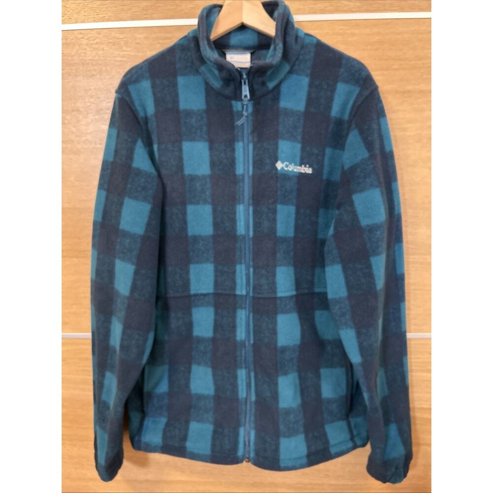 Columbia Fleece Jacket Men's sz M Blue Check Long Sleeve Full Zip Hiking Outdoor